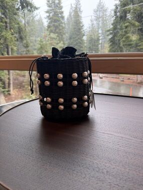 Kate Spade Target Black Woven Pearl-Accent Bucket Bag